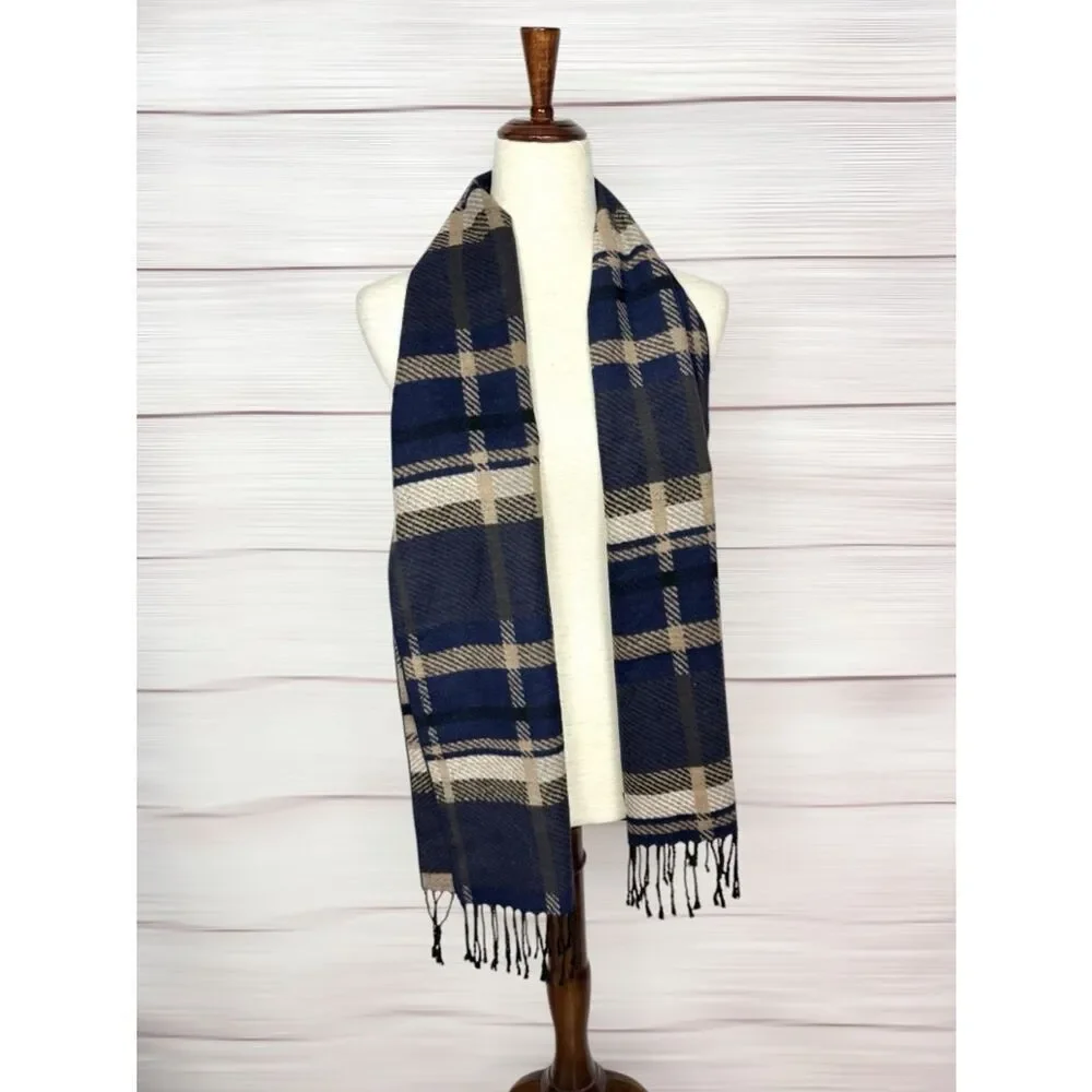 Club Room Silk Scarf Brushed Wool Feel Navy Tan Plaid Fringe Soft Warm 67x12